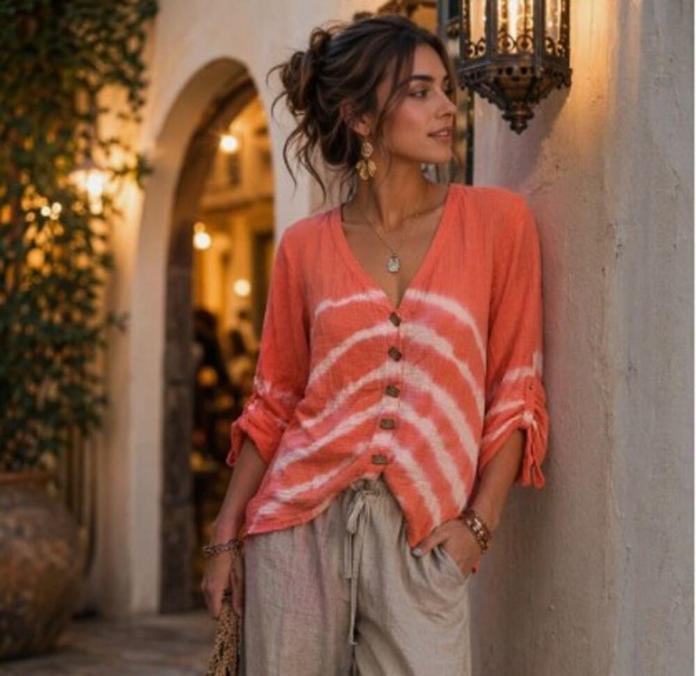 Ali Miles Women's 1X Peach Blouse Cotton Tunic Tie-Dye Gauzy Lagenlook Artsy